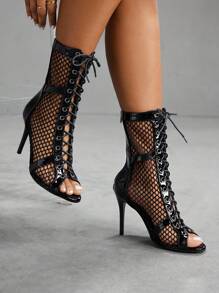 CUCCOO SZL CUCCO 女士镂空设计金属扣眼系带露趾中筒靴 - 黑色 - 查看 5