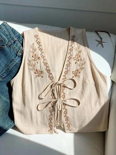 Comfortcana 女士夏季休闲花卉刺绣无袖衬衫