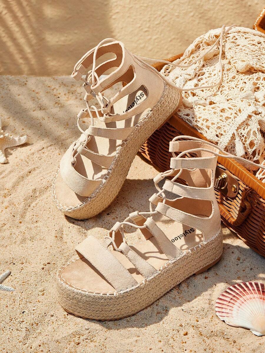 Styleloop 女士度假风格厚底坡跟凉鞋，杏色沙滩凉鞋，百搭一脚蹬坡跟鞋，带松紧带，波西米亚和西部风格，适合音乐节、派对装 - 杏色 - 查看 1