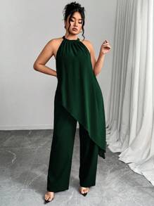 Elenzga Casual Plus Size Halter Jumpsuit With Asymmetrical Knot Design And Flowy Full-Length Style - Dark Green - View 1