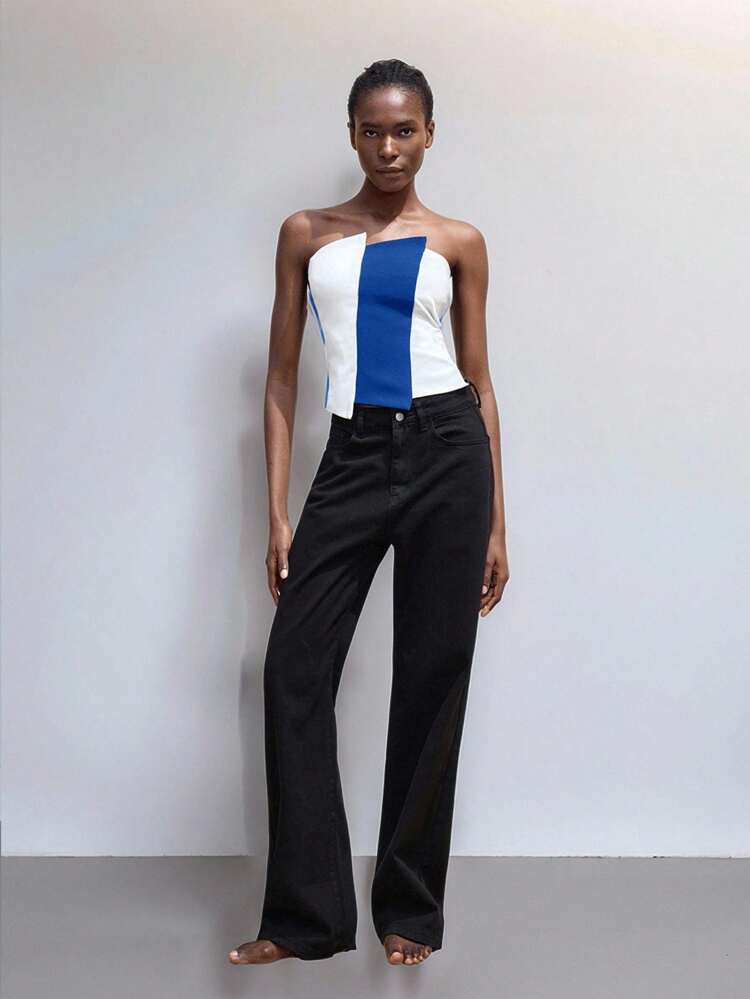 SHEIN Maija Women's Blue & White Striped Patchwork Urban Chic Casual Tube Top, Suitable For Outings, Festivals, Dates, Parties, Weddings, Music Festivals, Retro Vintage 90s Business Casual Vacation Outerwear