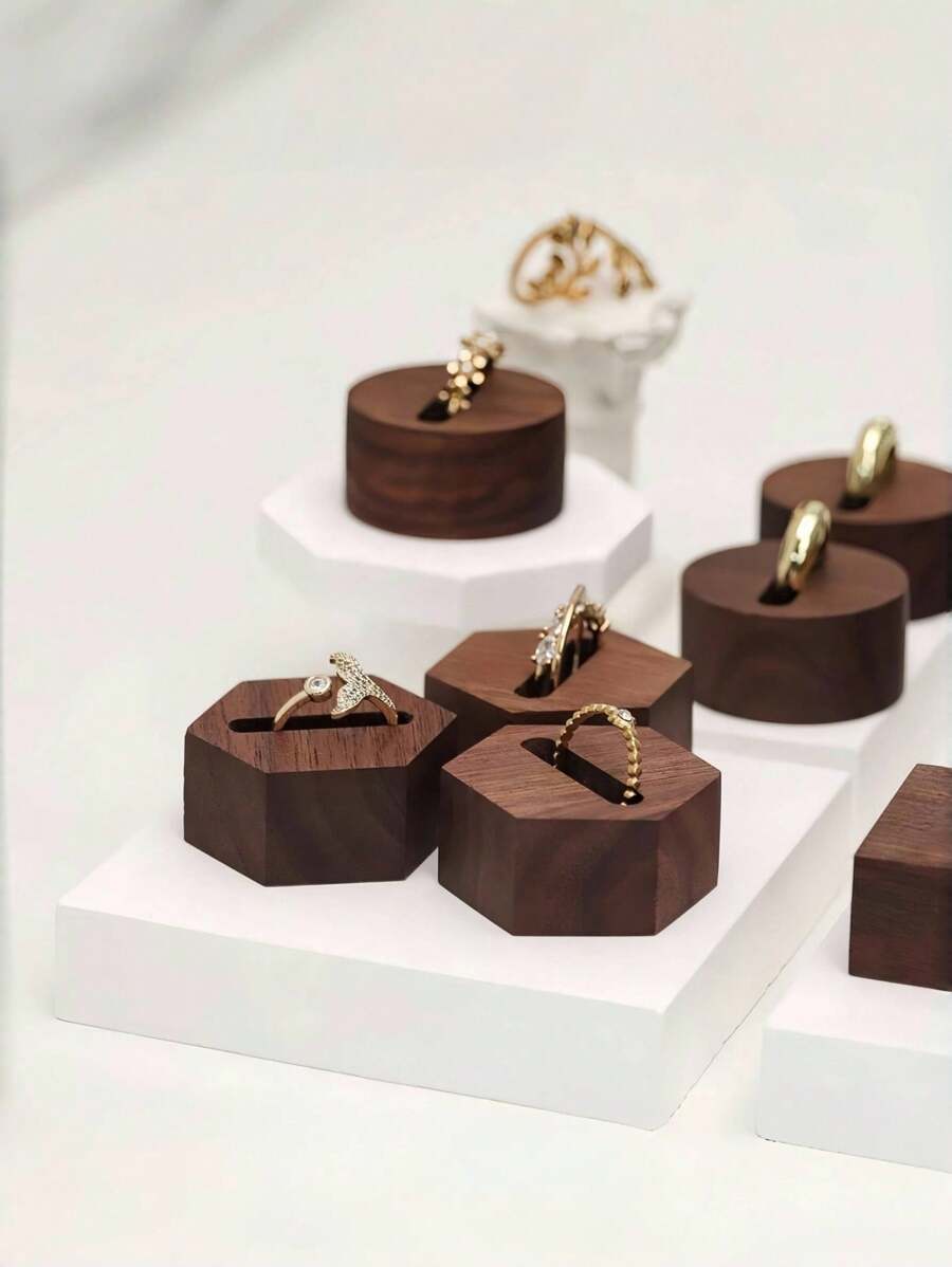 1 件六角形胡桃木首饰架，木制珠宝展示架，戒指展示架，送给女朋友、情人节、订婚的完美礼物 - 彩色 - 查看 1