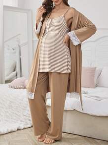 SHEIN Maternity 3pcs Set: Striped Print Cami Top & Pants & Lace-Trimmed Robe For Pregnant Women, Fall Winter Clothes