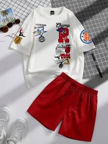 Manfinity EZcore 2pcs/Set Men's Letter Print T-Shirt And Solid Color Drawstring Shorts Suit - Multicolor - View 1