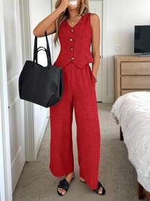 Easowa 2 件套女士蓝色背心马甲和长裤（带口袋）套装，春夏