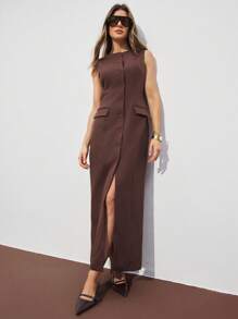 ATUI Studio 女式纯色休闲简约纽扣前无袖连衣裙 - 巧克力棕 - 查看 3