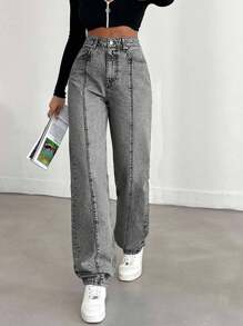 EURMUSE 100%Cotton Solid Color Straight Leg Jeans - Light Grey - View 4