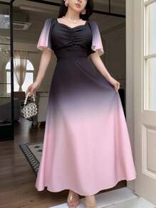 Modelyn 女式黑色至紫红色渐变蝙蝠翼短袖褶皱可爱法式夏装 - 彩色 - 查看 4