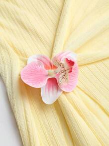 Sweetra Petite Đầm dài hở vai họa tiết hoa lan thanh lịch mùa xuân/hè cho kỳ nghỉ - Màu vàng - Xem 5