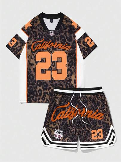 Prep مجموعة من قميص كم راغلان برقبة وشورت مع طباعة نمر ورقم للرجال ملابس رياضية، 2 قطعة