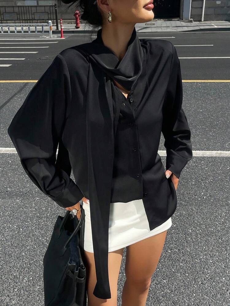 Women's Solid Color Long Sleeve Flare Design Single-Breasted Elegant Shirt