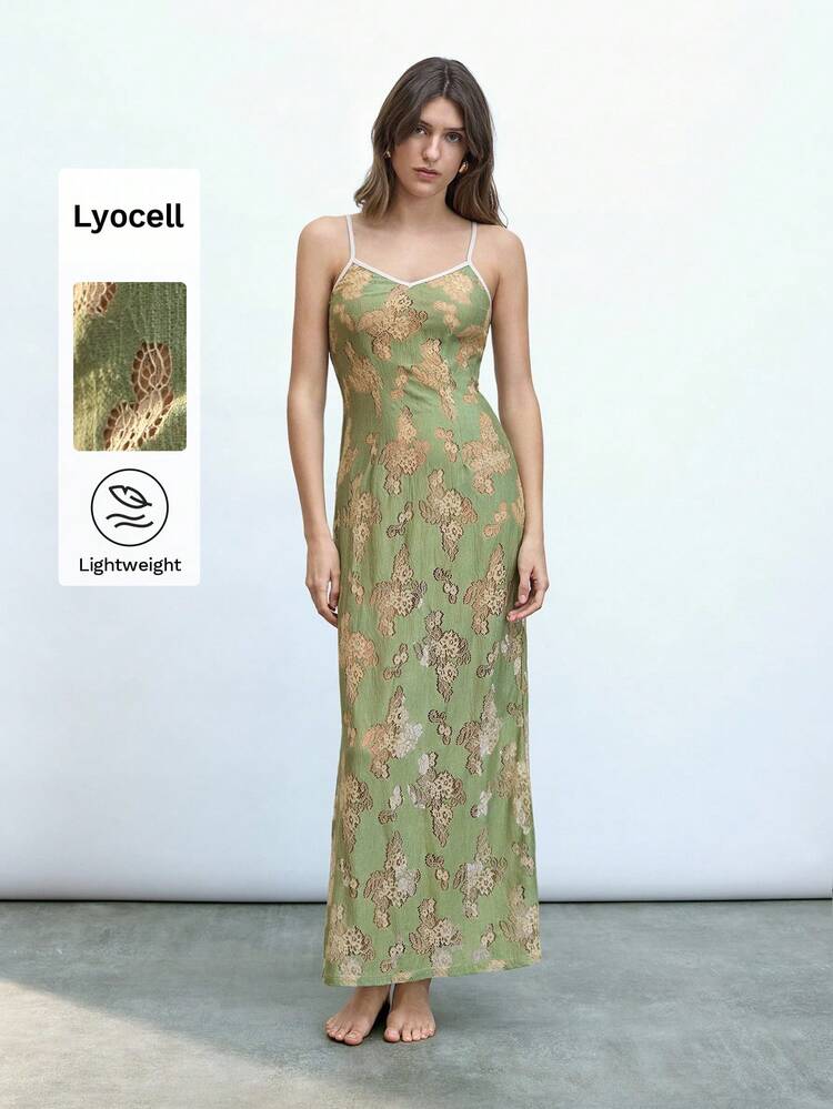 SHEIN Maija Vestido elegante de verano para mujer con bloque de color, paneles de encaje texturizado y tirantes de espagueti ajustables en verde