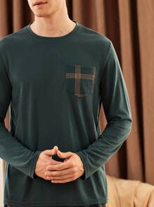 2pcs Men's Patchwork Pocket Long Sleeve Top And Plaid Long Pants Loungewear Set  Cozy And Elegant Details, Fall Clothes