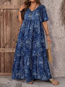 EMERY ROSE Vestido largo casual de cuello en V con estampado de plantas, talla grande, de estilo campestre casual para vacaciones, sencillo y con estilo para el uso diario, blusas de verano para mujer, conjuntos de verano para mujer