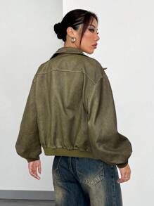 SHEIN EZwear 复古做旧军绿色PU皮夹克，秋季新品 - 軍綠色 - 查看 2