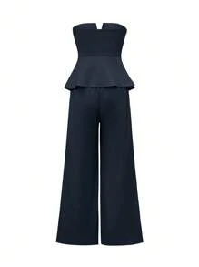 2 bộ trang phục dự tiệc mùa xuân và mùa hè thanh lịch nút hồng, áo ống peplum và quần ống rộng - Màu xanh hải quân - Xem 9