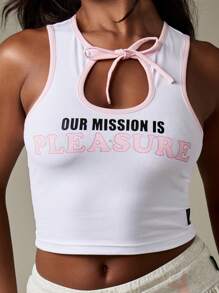 Missguided x Playboy 休闲使命宣言背心锁孔领口无袖短款搭配粉色撞色饰边夏季节日必备运动休闲装 - 白色 - 查看 4