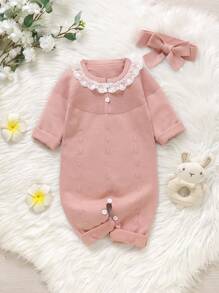 SHEIN 2 件套女婴连体衣和头带套装，粉色蕾丝边针织连体衣，柔软舒适，适合日常、外出、旅行、度假、居家、日托和玩耍