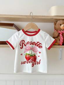 SHEIN Casual Retro American Style Bow & Strawberry Graphic Round Neck Short Sleeve T-Shirt, Rosette Sweet Girl, Back To School Season, Suitable For Summer School Clothes For Young Girls Girl Strawberry Shirt Strawberry Shirt For Girls Girls Tshirt Kids Girl Tops Birthday Tshirt For Girl - Multicolor - View 2