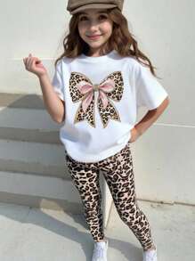 SHEIN 2pcs/Set Girls Casual Creative Diamond-Like Leopard Bow Decor School Pattern Print Short Sleeve T-Shirt & Leggings Outfit Set Girls Leopard Outfit Girls Cheetah Set Bow Outfit Girls Tween Leggings Set Tween Girl Bow Shirt - Multicolor - View 4