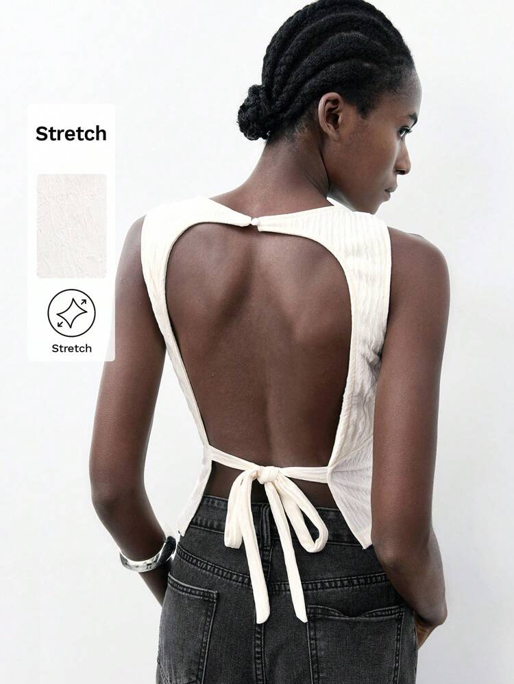 SHEIN Maija Women's Apricot Backless Bowknot Decor Tank Top, Versatile Elegant Casual Urban Chic Design, Fitted Silhouette, Bowknot Back, Stylish Lady Apparel, Suitable For Concerts Business