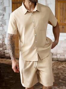 Manfinity Homme Plus Size Men's Summer Casual Solid Color Short Sleeve Shirt And Shorts Set - Khaki - View 1