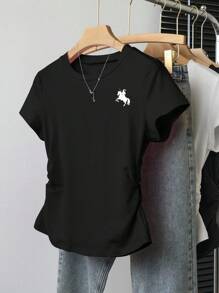 INAWLY Camiseta casual de mujer con estampado de caballero y pliegues, para verano