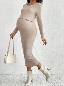 SHEIN 孕妇杏色圆领长袖修身优雅哺乳连衣裙，女士秋季连衣裙外出连衣裙裹身裙秋季连衣裙秋季连衣裙秋季女装 Felpa 秋季女装秋季米色 - 卡其色 - 查看 6