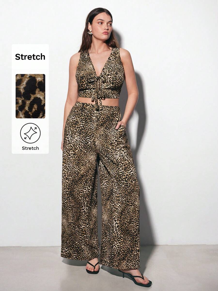 Maija Damen Große Größen Set aus Leoparden V-Ausschnitt Schleifchen-Krawatte Crop Top und weite Hose, 2-teiliges Set mit urbanem Chic-Design als Western-Streetwear für Frauen Country Konzerte - Verschiedenfarbig - Übersicht 1