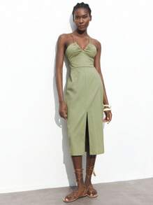 Maija Đầm nữ mùa Xuân/Hè mới, cổ chữ V, dây rút, xếp ly, nơ buộc điều chỉnh được, xẻ tà phía trước, eo thon, dây buộc chéo phía sau, kiểu Bohemian, thanh lịch cho lễ hội, tiệc tùng, ngày Valentine, tựu trường, lễ hội âm nhạc. - màu xanh lá - Xem 3