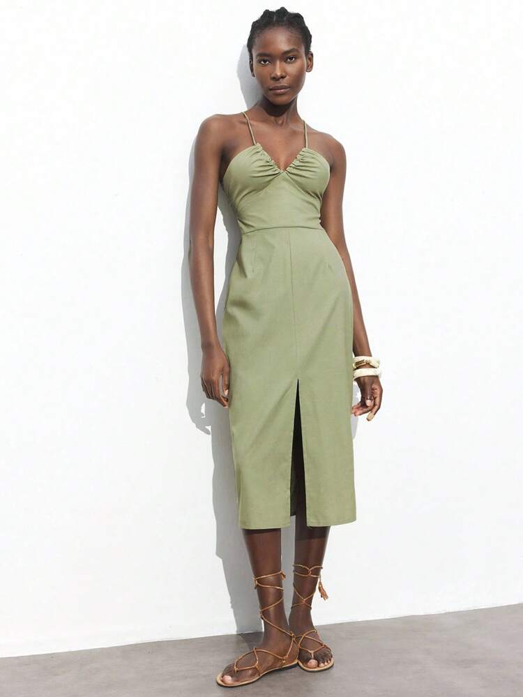 SHEIN Maija Sukienka damska w stylu boho na wiosnę/lato, nowa, z dekoltem w serek, ściągaczem, marszczona, regulowana, z kokardą z przodu, rozcięciem w talii, wiązaniem krzyżowym z tyłu, elegancka na karnawał, imprezę, Walentynki, powrót do szkoły, festiwal muzyczny