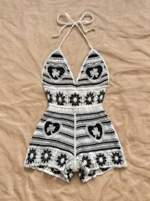 Soleia Macaquinho de Malha Retrô com Decote Halter Vazado e Listras Contrastantes para Férias e Praia para Mulheres - Preto e Branco - Visão 4