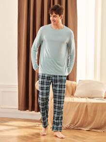 Manfinity Underwear&Sleepwear Basics 男士纯色长袖上衣和格子长裤家居服套装 - 薄荷藍 - 查看 8