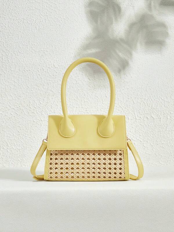 SHECARRY Women's Fashion Minimalist Versatile Summer Hollow Rattan Splicing PU Tote Handbag, Shoulder Bag, Commuting, Date, Vacation, Daily Use