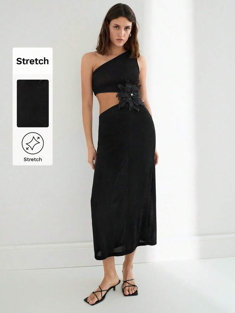 SHEIN Maija Women's Black Sleeveless Textured Shiny Fabric Hollow Out Waist Elegant Floral Decor Sexy Dress For Party, Holiday, Music Festival, Summer