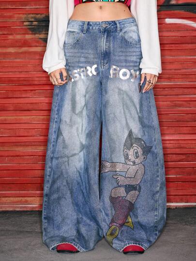 Astro Boy X ROMWE Rhinestone Embellished Extra Loose Low Waist Baggy Women`S Jeans