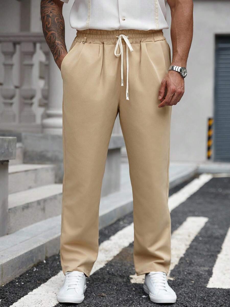 Manfinity Homme 大码男士纯色抽绳腰口袋直筒宽松休闲裤 - 卡其色 - 查看 1