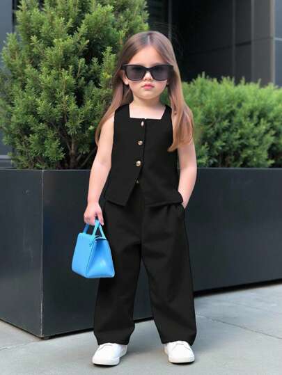 SHEIN Babygirl Summer Cute Simple Black Sleeveless Top And Elastic Waist Loose Wide Leg Pants Set