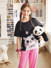 可爱少女猫咪印花短袖T恤和条纹裤睡衣套装 - 彩色 - 查看 1
