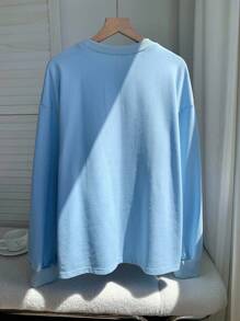 Comfortcana Women's Casual Versatile Embroidered Detail Solid Color Sweatshirt,Back To School In Fall/Winter - Blue - View 2