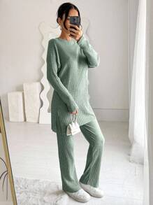 EURMUSE 100%Cotton Drop Shoulder Split Hem Tee & Pants - Mint Green - View 5