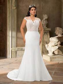 Aureia Plus Size Elegant Luxurious Sweetheart Neckline Off-Shoulder Ruffle Back Floral Applique Decor High Waist Bodycon Mermaid With Long Train Bridal Wedding Dress