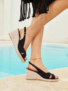 Styleloop Women's Fashion Black Suede Backless Rope Wedge Sandals, Suitable For Dates, Parties, Vacations, Boho Style, Western Style, Music Festivals, Party Outfits - Black - View 2