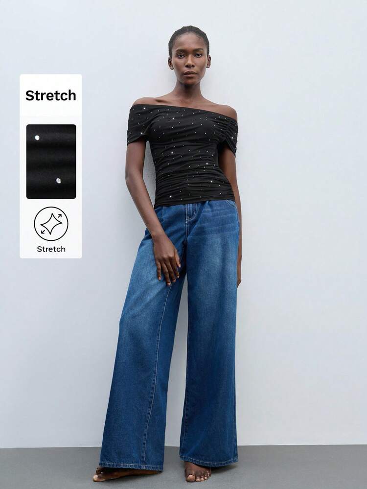 SHEIN Maija Black Off-Shoulder Sparkling Diamonds, Asymmetrical Pleated One-Shoulder Versatile And Comfortable Knitted Women's T-Shirt, Suitable For Parties And Festivals, Slim Waist