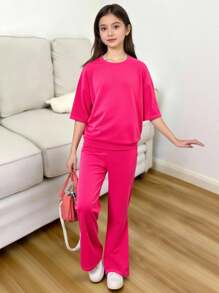 青少年女孩休闲超大蝙蝠袖圆领T恤和喇叭裤天鹅绒套装，玫瑰红色 - 玫紅色 - 查看 8