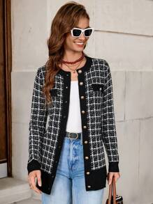 SHEIN Clasi Cardigan cu mânecă lungă în carouri pentru damă, decorat cu nasturi, pulover elegant de toamnă Cardigan pentru femei, topuri cu mânecă lungă