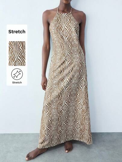 Maija 女式数码几何印花 V 领系带连衣裙，百搭春夏时尚都市派对装，修身腰部设计，多色印花假日连衣裙波西米亚风露背度假夏季女装波西米亚风女装，露背连衣裙