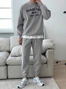 DAZY Grey Men's Letter Print Design Pullover Sweatshirt Set, Autumn - Grey - View 3
