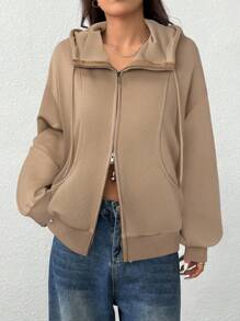 SHEIN EZwear 秋冬女士纯色落肩长袖拉链连帽抽绳宽松休闲运动衫 - 卡其色 - 查看 6