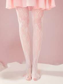 ROMWE Kawaii White Floral Elastic Fishnet Pantyhose